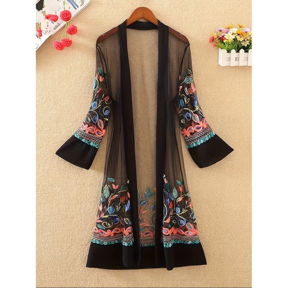 Unbranded Black Sheer Mesh Floral Embroidered Longline Duster Cardigan NEW XXL